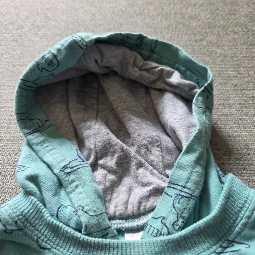 Carters Baby Boy Hippo Print Hooded Romper Teal Blue 12 Months Short Sleeve